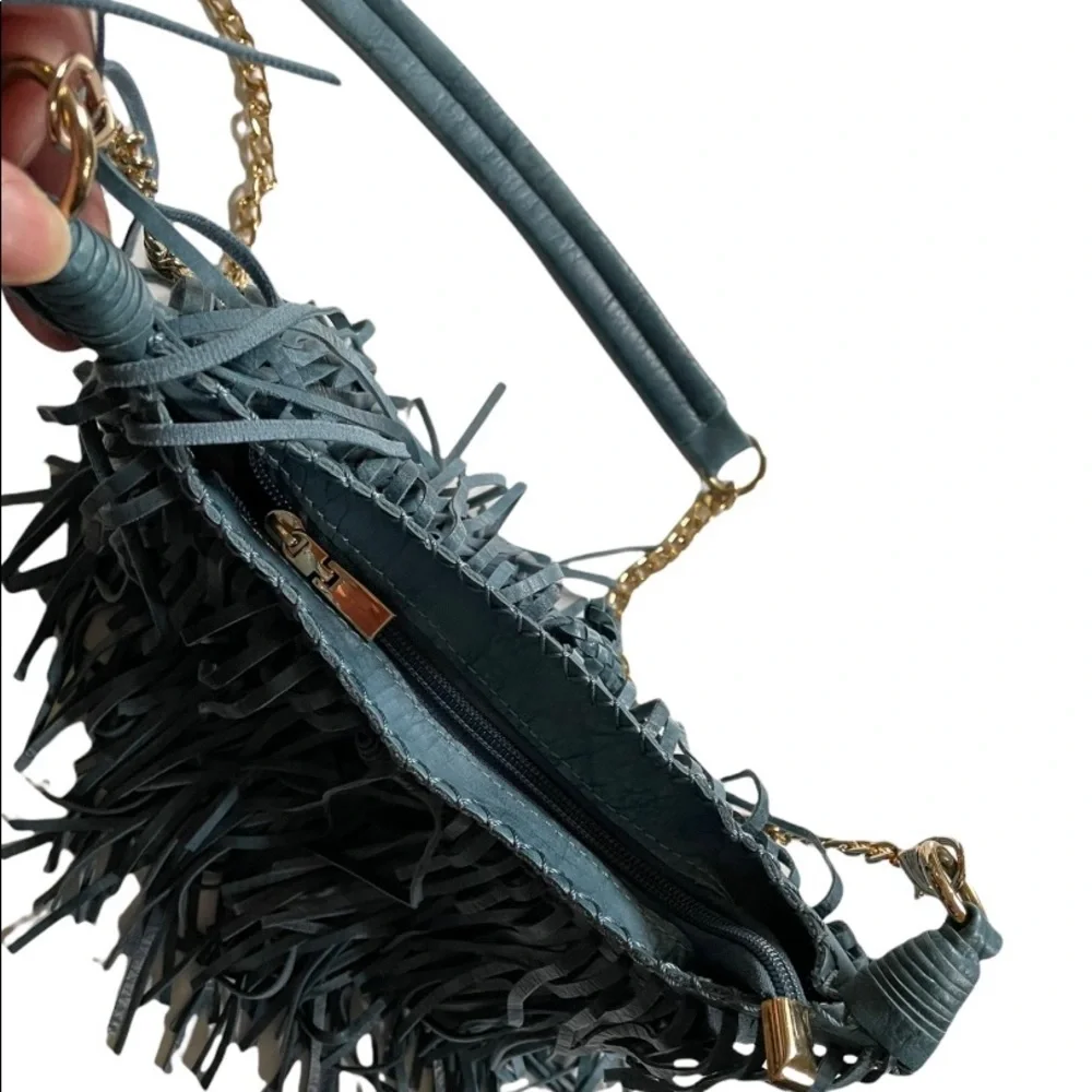 Fringed Leather Crossbody Bag in Dark Teal with Chain Strap